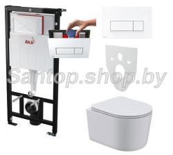 Инсталляции ALCAPLAST AM101/1120+унитаз Roxen Simple Compact (безободковый) с клавишей М570 (белая)- фото