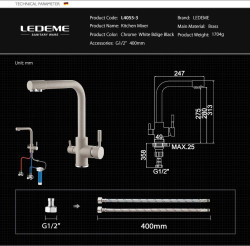 Смеситель для кухни LEDEME L4055-3 под фильтр (хром)- фото3